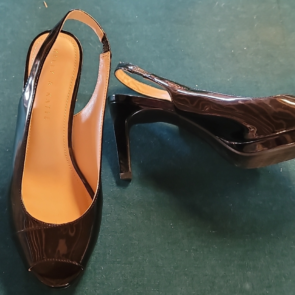 Kelly & Katie Glossy Black Peep-Toe Heels